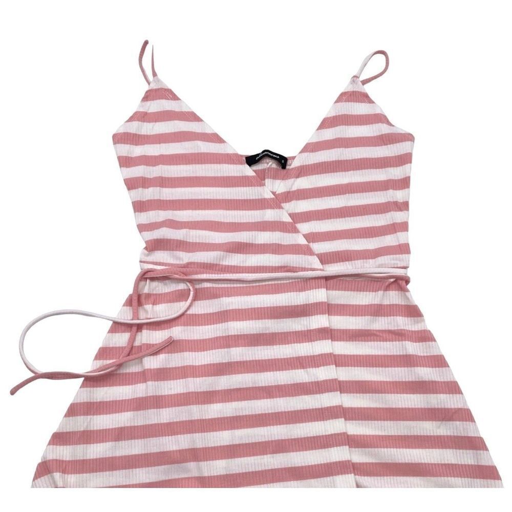 Olivaceous Wrap Midi Dress Pink and White Ribbed Summer Dress Tie Waist Womens S - Picture 4 of 8